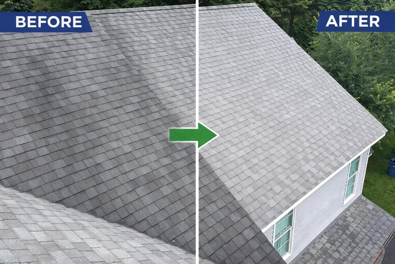 Roof before and after soft washing
